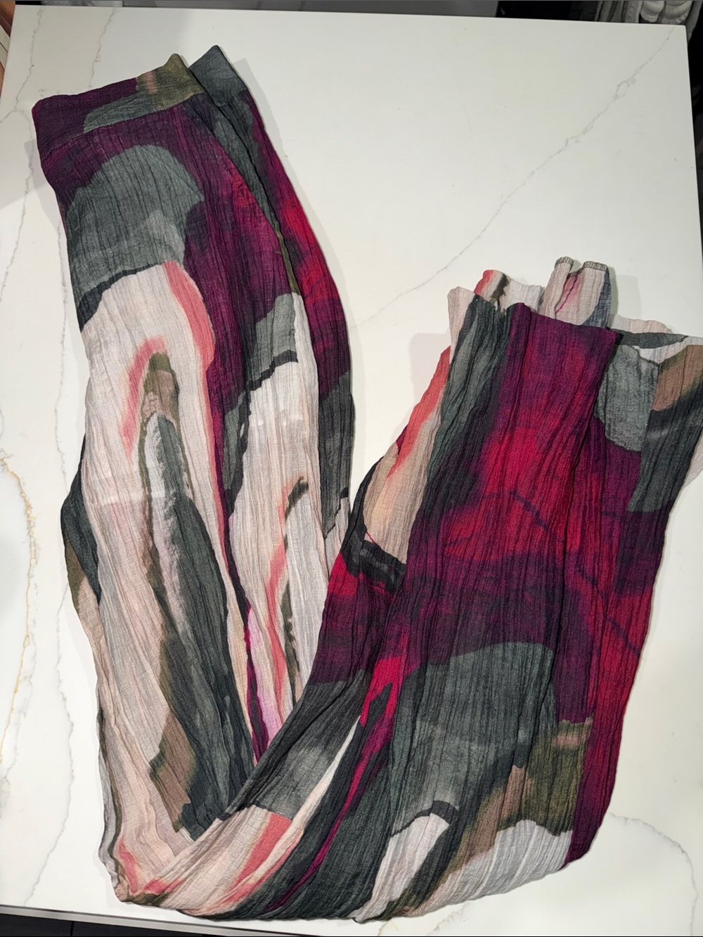 Zara Multicolor Abstract Wide-Leg Pleated Pants — Burgundy, Gray & Cream